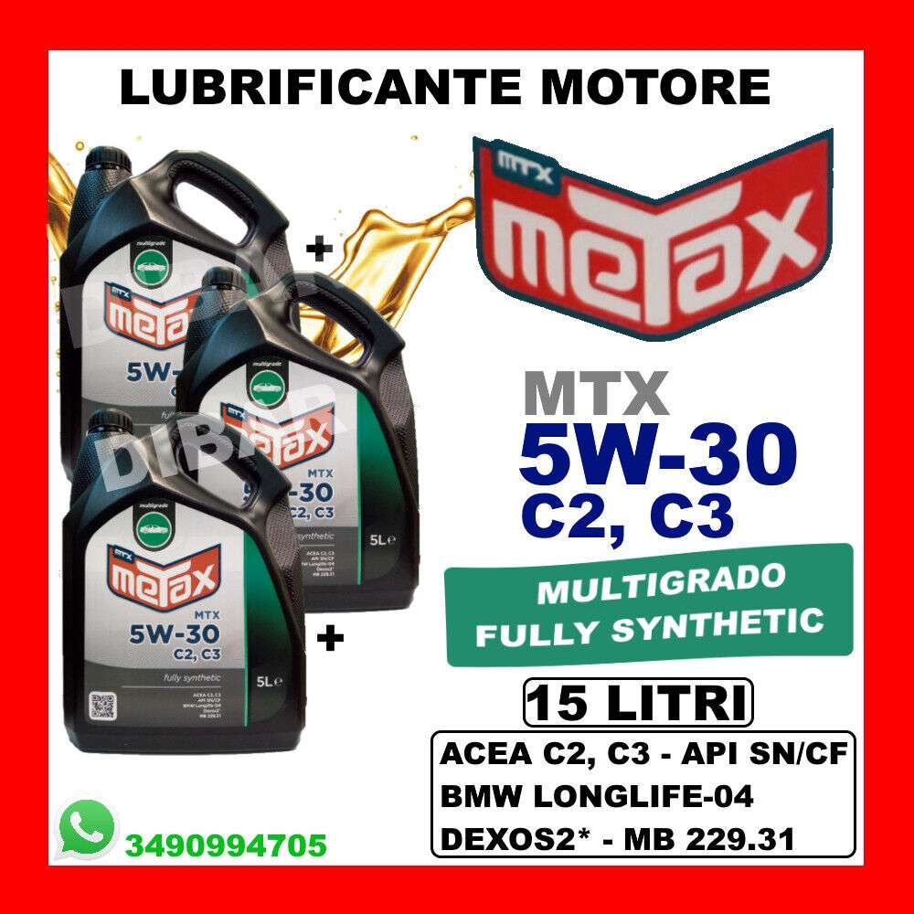 OLIO MOTORE METAX MTX 5W30 C2 C3 SINTETICO MOTORI DIESEL E BENZINA 3 LATTE  15LT - Aricun