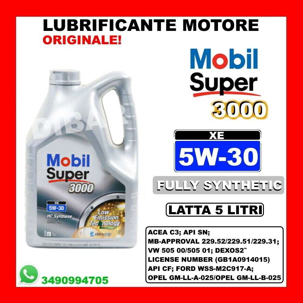 OLIO MOTORE MOBIL SUPER 3000 XE 5W30 ACEA C3 API SN/ CF WSS-M2C917-A LATTA  5LT - Aricun