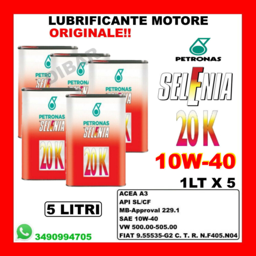 OLIO SELENIA 20K 10W40 A3/B3 API SL/CF FIAT 9.55535-G2/2015 5 LITRI TOTALI acquista online