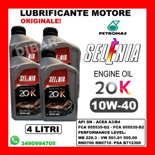 OLIO SELENIA 20K 10W40 A3/B3 API SL/CF FIAT 9.55535-G2/2015 4 LITRI TOTALI acquista online